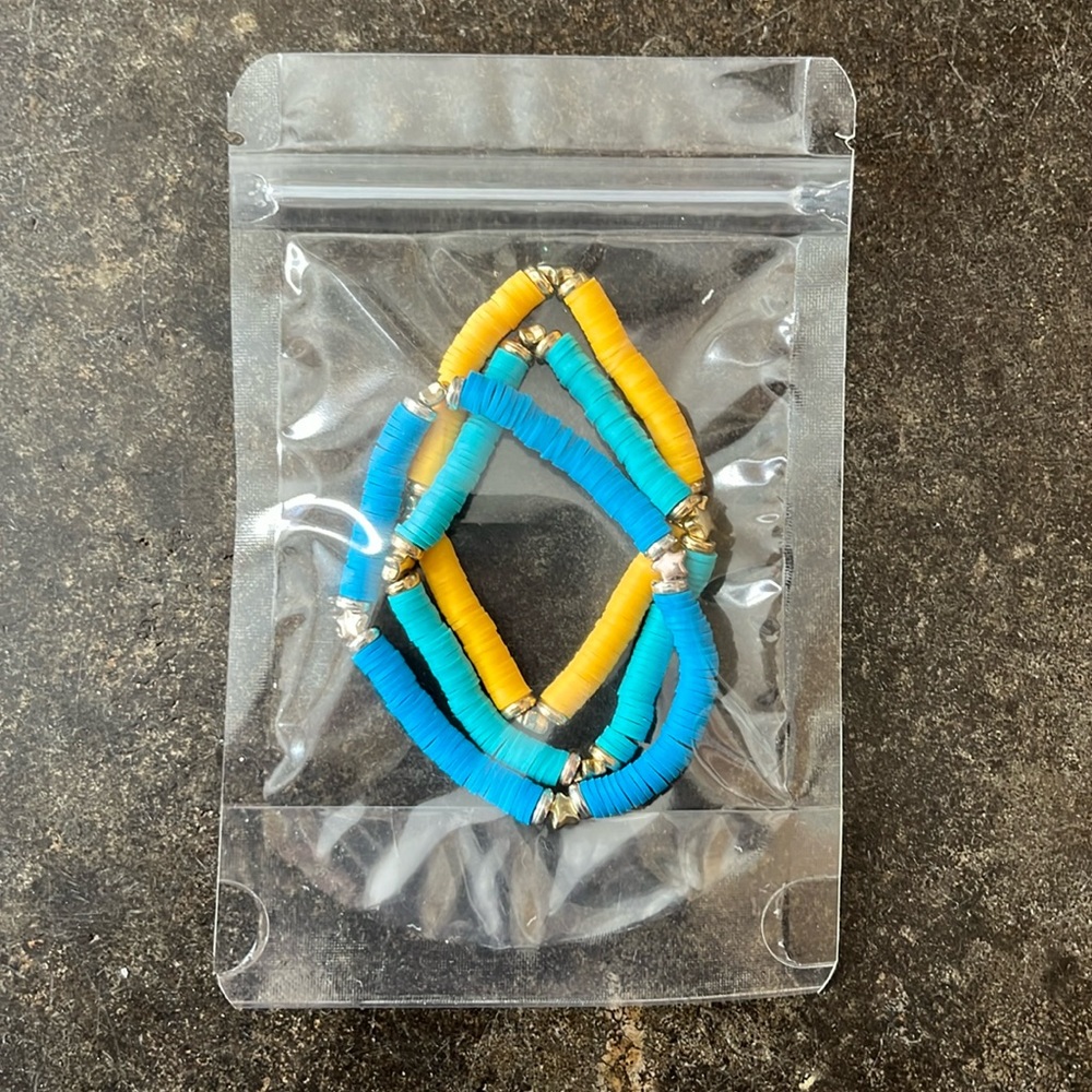 NEW IN BAG 3 Piece Clay Heishi Bead Star Bracelets-Yellow, Turquoise, and Blue